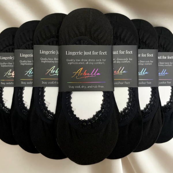 Arbella Style 10-pack black footies flat lay in packaging - no-slip socks for heels and flats