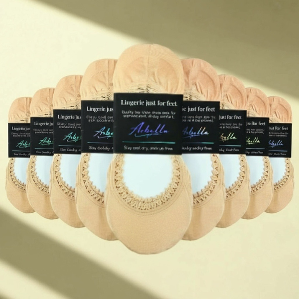 Arbella Style 10-pack sand nude footies flat lay in packaging - barely-there no-show socks